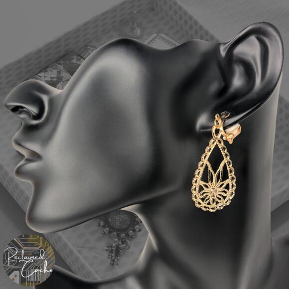 Gold Flower Teardrop Clip-On Earrings - Picture 1 of 3